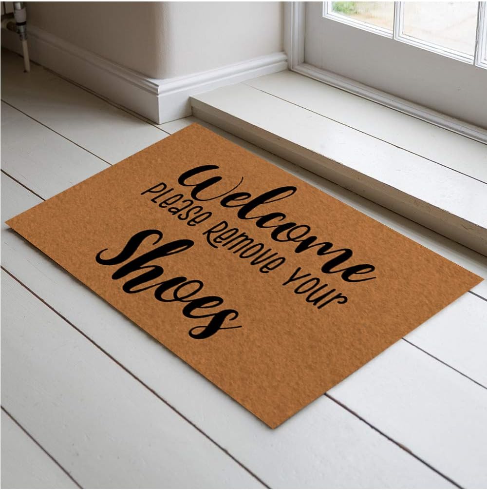 Jackey&Smith Welcome Mat Welcome Please Remove Your Shoes Door Mat Entrance Floor Mat Rug Non Slip Balcony Mat Felt Fabric 23.6-Inch by 15.7-Inch