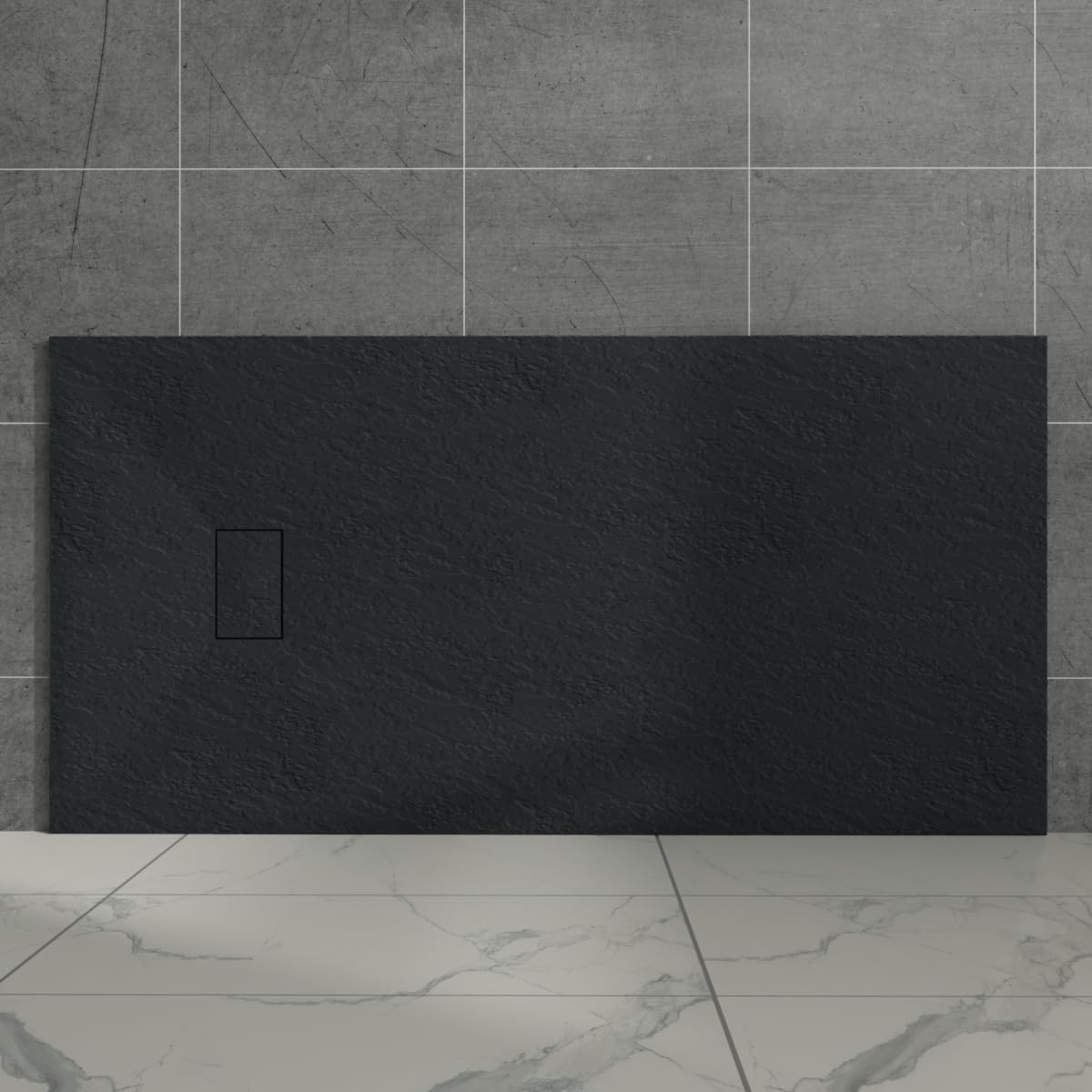 Aquariss Black Rectangular Shower Tray Slate Effect SMC Slip-Resistant Shower Base for Bathroom Enclosures 1800x900mm with Waste