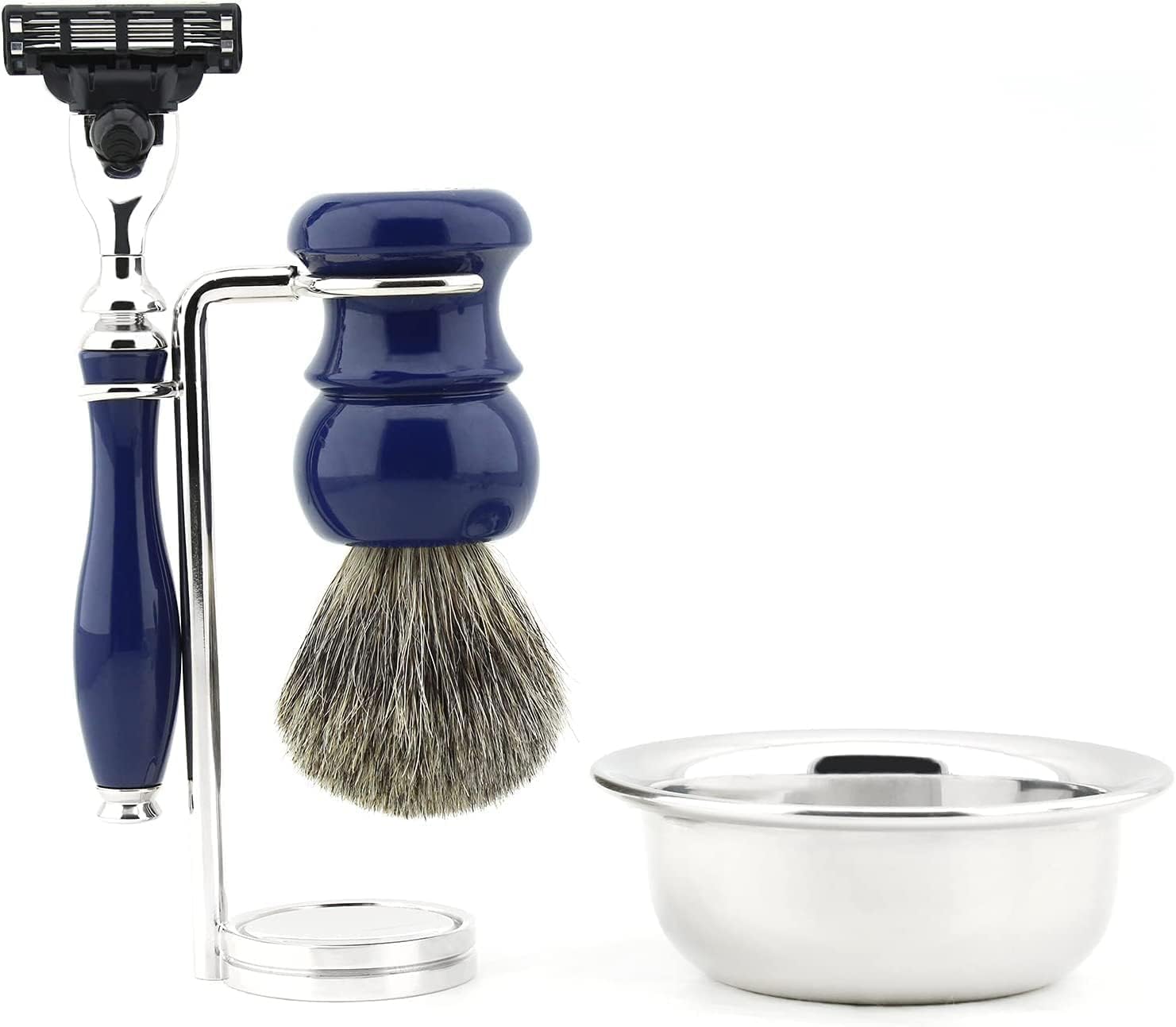 Rasierset mit 3-Klingen-Rasierer und Echt-/Super-Dachshaarpinsel, Rasierschale, Rasierständer in blauer Farbe
