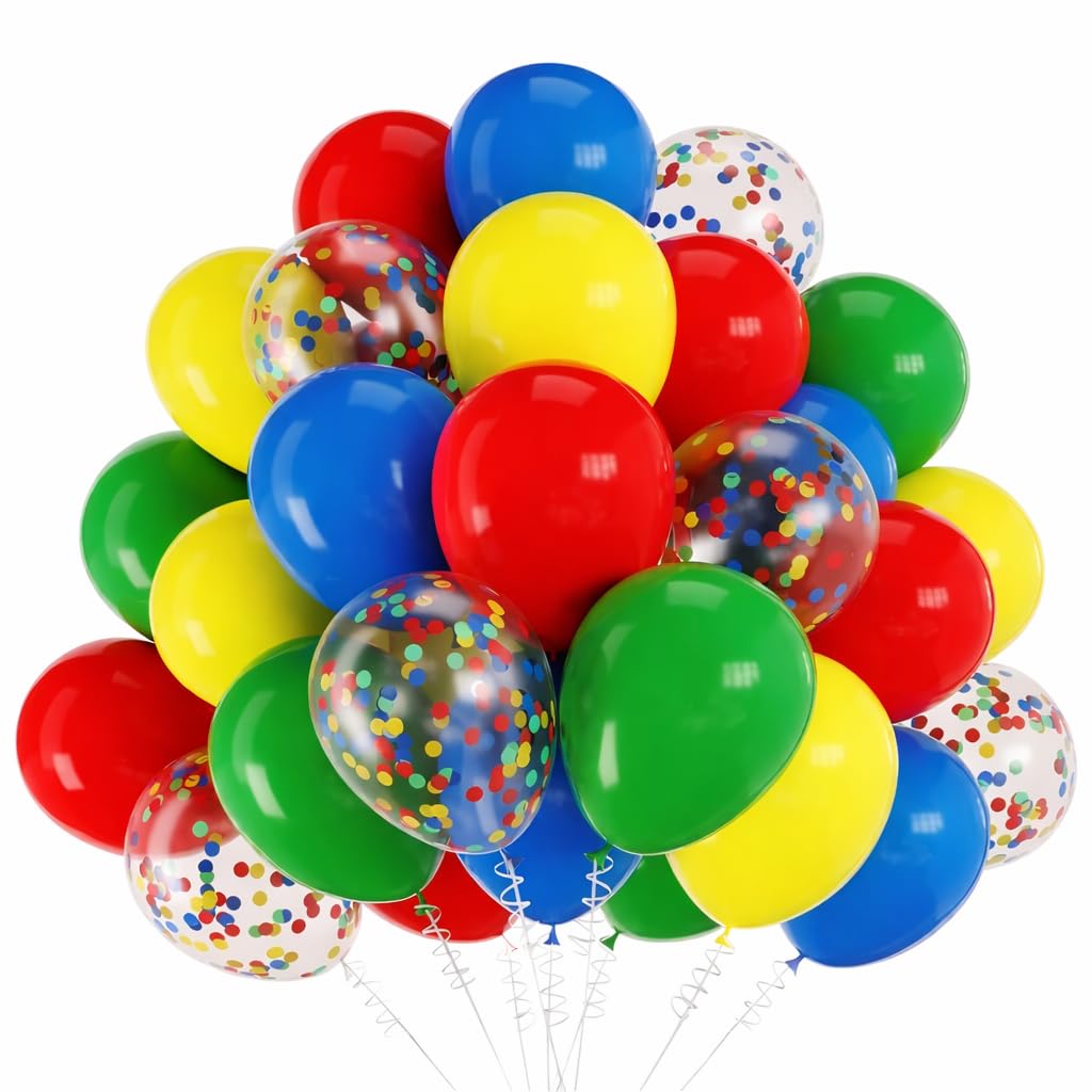 60 Pcs Rainbow Balloons Red Yellow Blue Balloons Set with Primary Color Confetti Balloons Bright Multicolor Circus Balloon Assorted Colors for Fiesta Theme Party Kids Boys Birthday Decorations