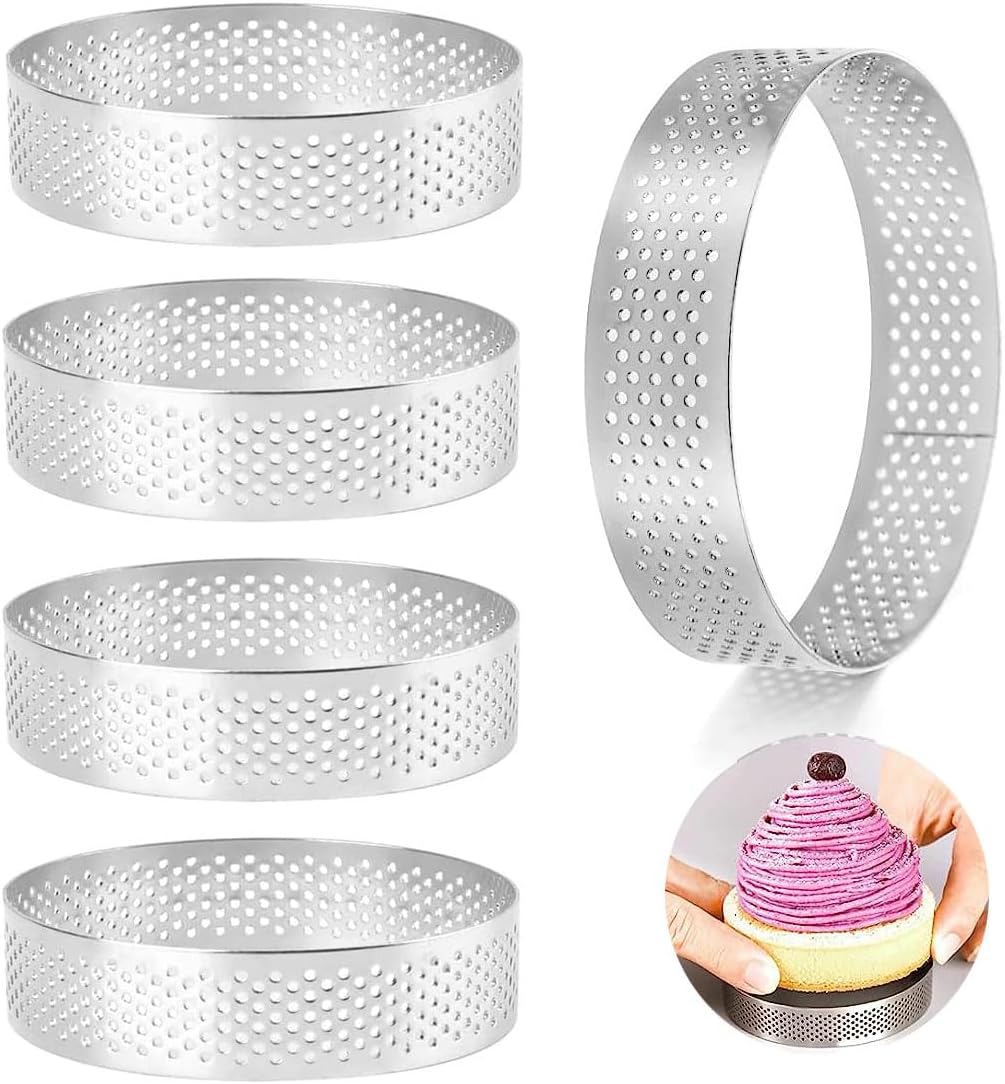 MRTURK REVHQ 5pcs Round Tart Ring Stainless Steel Porous Tart Bottom Tower Pie Cake Mould Baking ToolsHeat-Resistant Perforated Cake Mousse 10cm