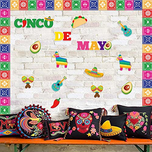 BXawi 82Pcs Cinco De Mayo Bulletin Board Decoration Set Mexican Fiesta Papel Picado Banner Trim Borders Mexico Taco Llama Cactus Cutouts for Classroom Home School Mexican Fiesta Party Decor Supplies - Thumbnail 4