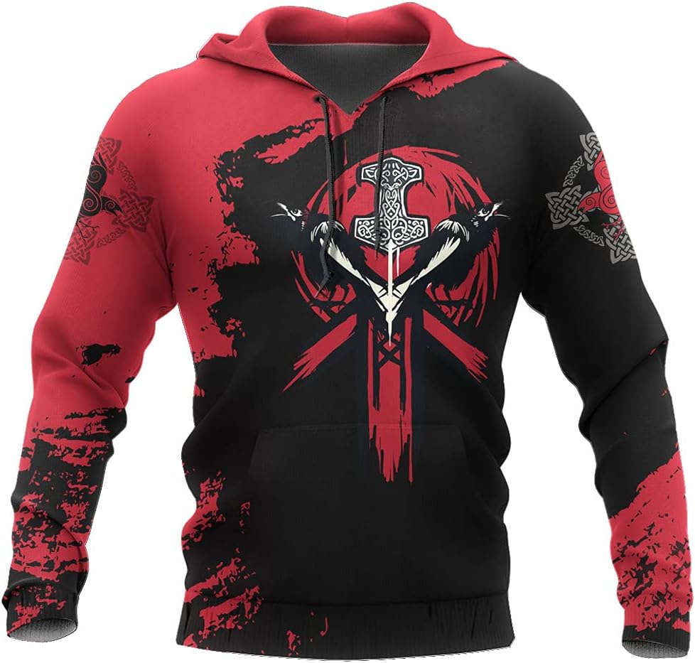 Viking Thor's Hammer Sweatshirt, Norse Mythology Odin Raven Streetwear Casual Hoodie, 3D Print Pullover Sportswear,Pullover,M