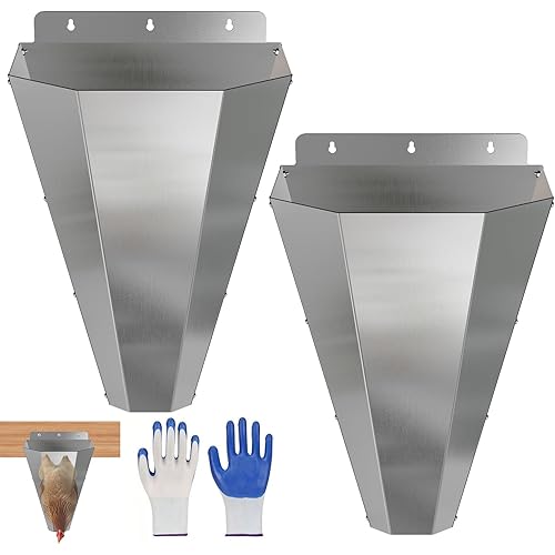 Large Chicken Cone for Butchering 2 Pack, Stainless Steel Kill Cone with Safety Gloves, Flat-Back Design, Chicken Processing Equipment for Farm and Backyard Poultry Up to 18 lbs (Silver)