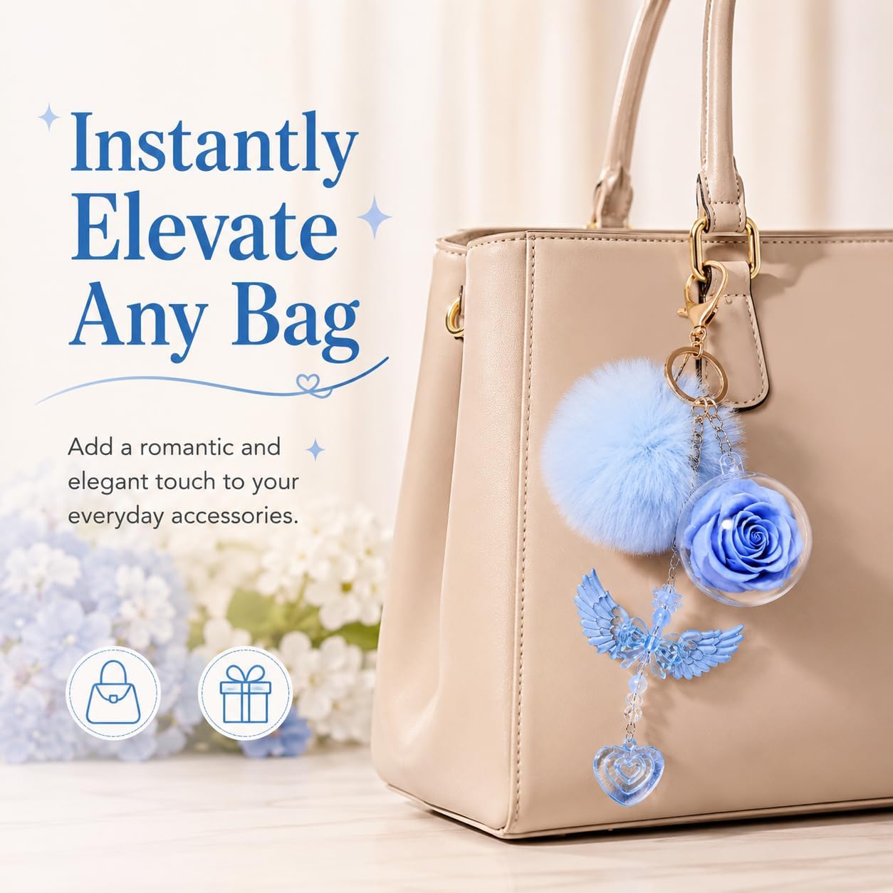Preserved Rose Keychain for Women, Real Eternal Rose Flower Bag Charm with Faux Fur Pom Pom, Angel Wing Pendant Key Ring for Handbag Backpack, Romantic Gift for Girlfriend Wife Mom | Preserved Rose Valentines Day Gift Mother's Day Gift Birthday Gift