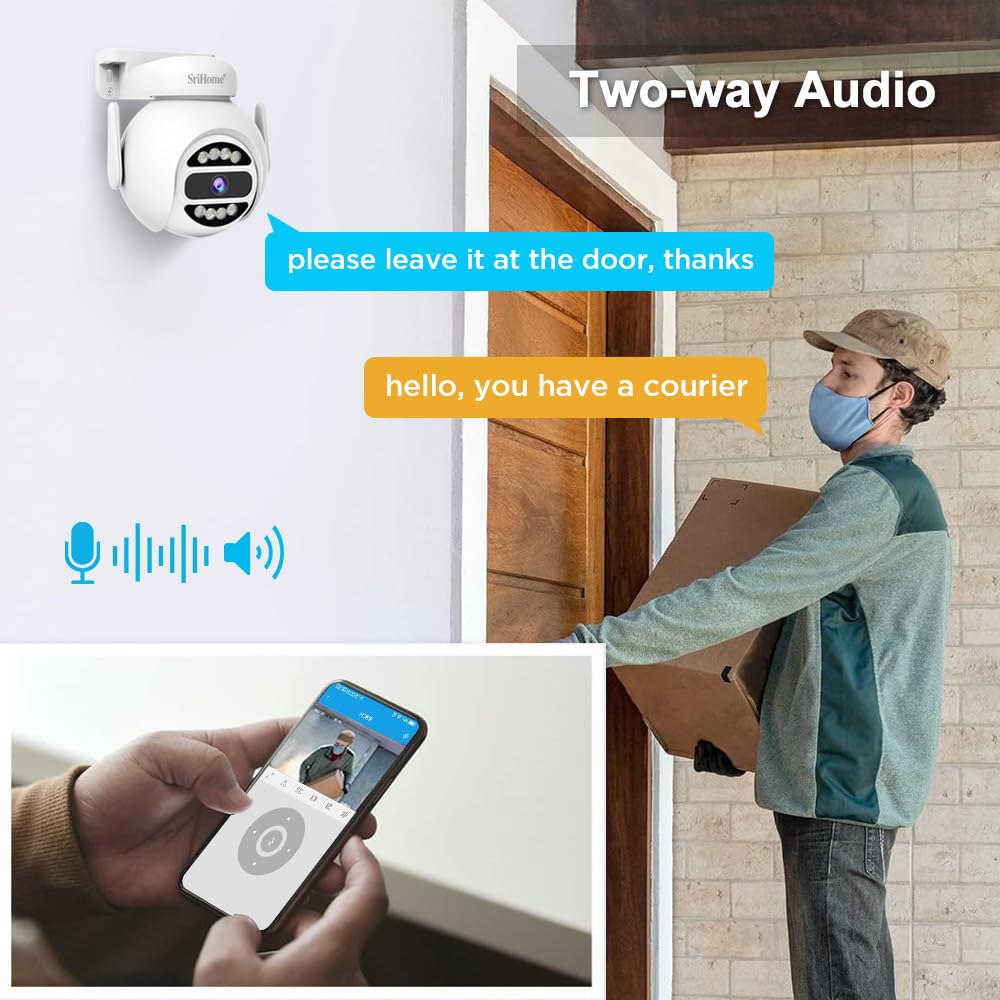 SRIHOME 4MP Rete WiFi a Doppia Banda, Fotocamera di Sorveglianza PTZ, Inseguimento Movimento, Visione Notturna, IP66 Impermeabile, Audio 2-Way, Tutela Della vita Privata, Uso Interno/Esterno