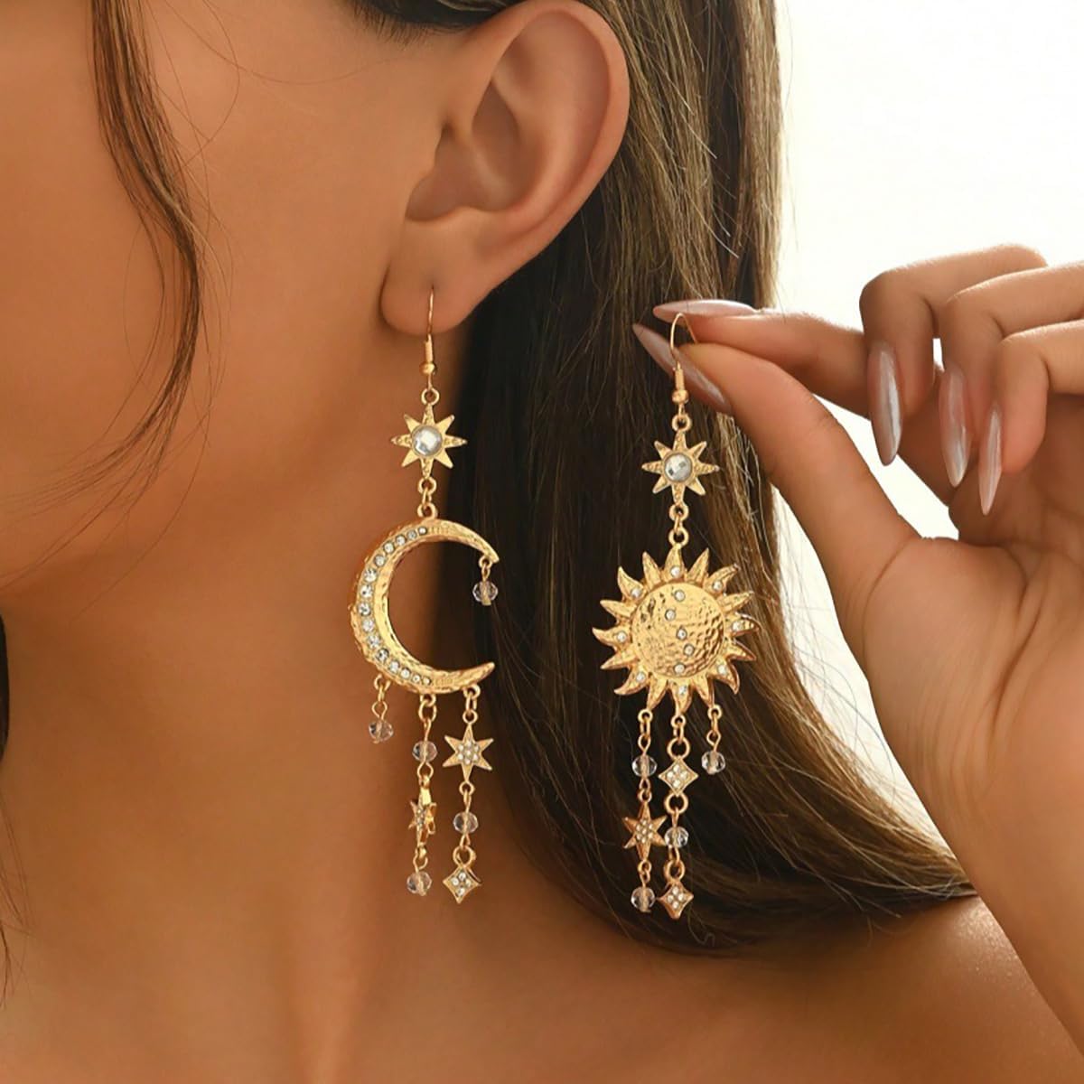 Gold Moon Sun Dangle Earrings for Women Boho Celestial Star Tassel Earrings Crescent Crystal Chandelier Statement Earring Party Wedding Trendy Jewelry Accessary - Image 2
