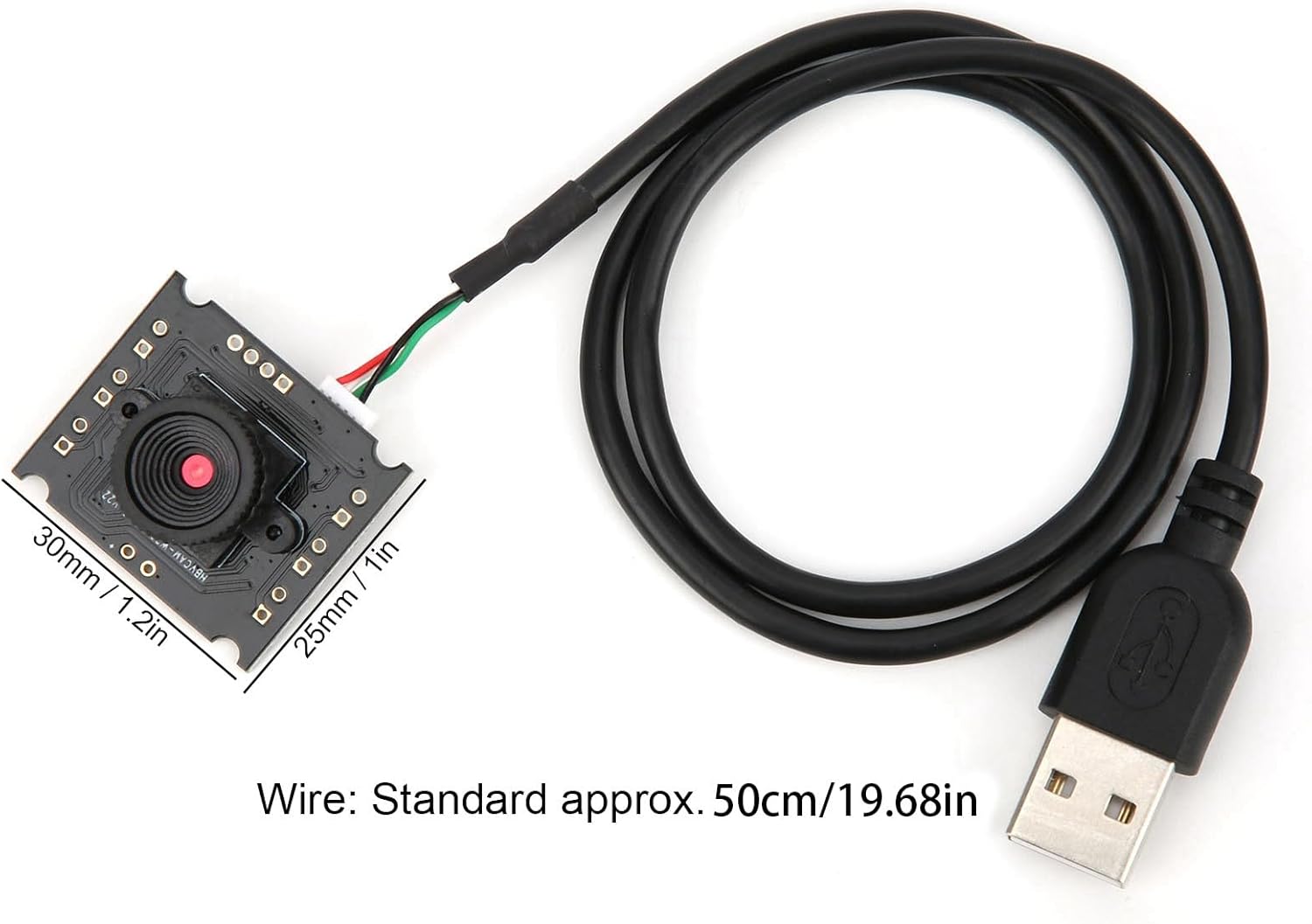 Image showing the dimensions of the Akozon HBVW202012HD camera module and its 50cm USB cable.