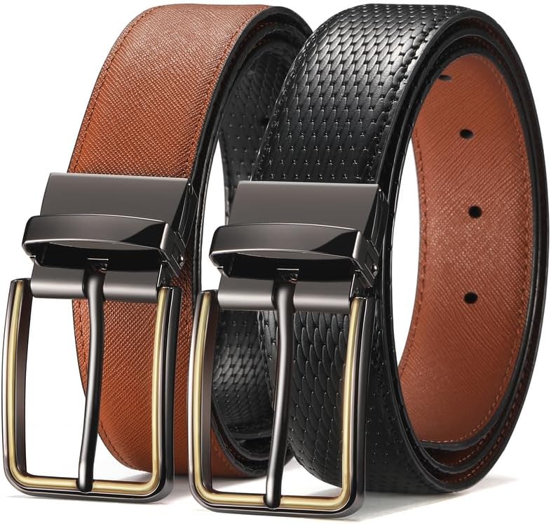Men's Reversible Leather Belt for Dress Casual Jeans with Rotating Buckle - One Strap Reverse for 2 Sides