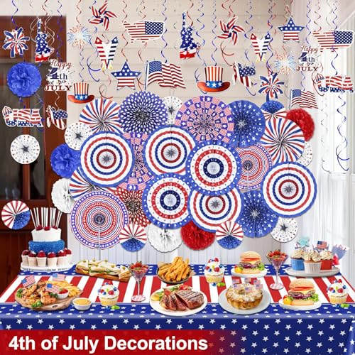 Image of AMENON 78 PCS 4th of July Decorations Set, Patriotic Paper Fans Decorations Red White Blue Hanging Paper Pom Poms Swirls Americans Flag Stars Stripes Party Supplies for Independence Day Indoor Decor