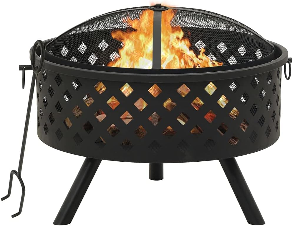 vidaXL Fire Pit, Firepit for Outdoor Patio Backyard Garden Deck, Fireplace with Poker, Firebowl for Camping Picnic BBQ, Industrial Style, XXL Steel