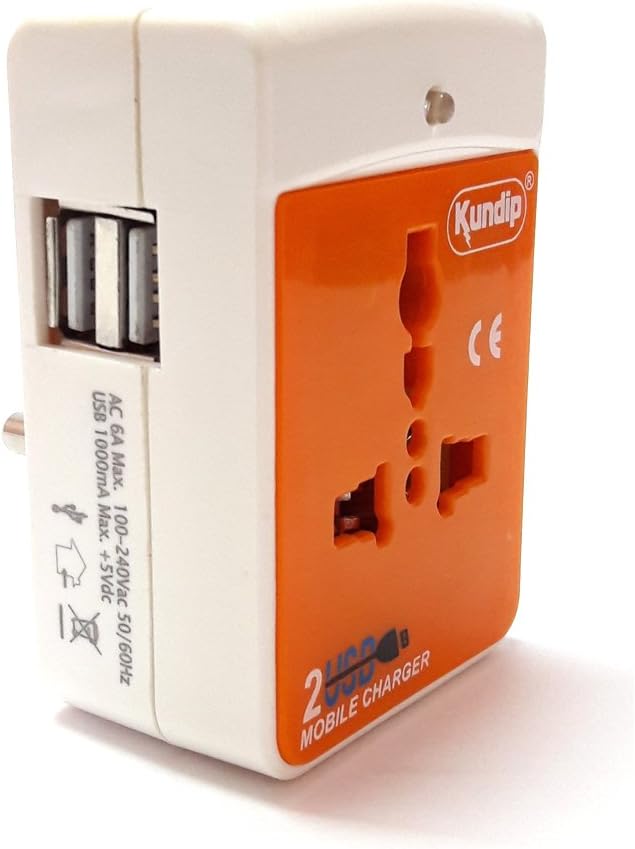 KUNDIP 6 A 3 Pin 2 Way Plastic Multi-Plug/Travel Adaptor with Dual USB and Indicator Light (Orange)