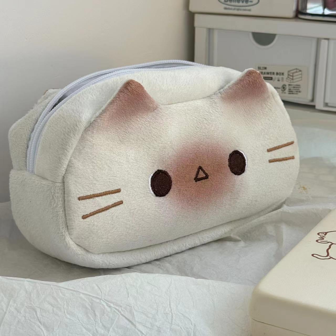 HSYHERE Super Cute Lovely Lucky Cat Theme Pencil Case, Big Capacity Large Soft Plush Happy Kitty Fluffy Clothes Zipper Pencil Box Case, Makeup Bag Office Storage Holder Pouch Pen Bag -Siamese Cat image 4