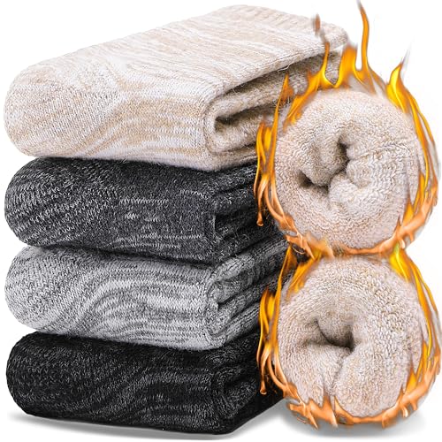 EBMORE Merino Wool Thermal Warm Socks for Women Men Thick Winter Walking Hiking Cosy Crew Comfy Gifts Socks 4 Pairs Stocking Fillers(Beige/Grey/Dark Grey/Black, 3-7)