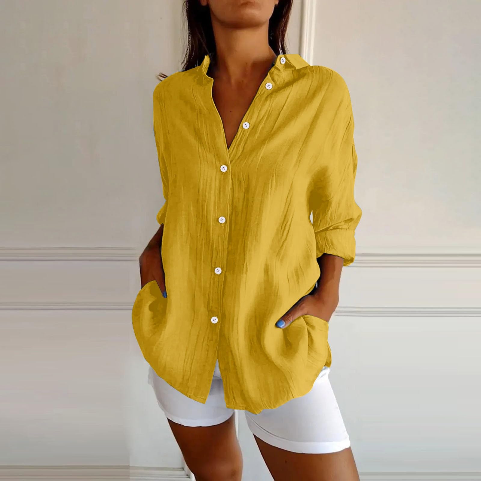 Camicie da donna in garza a maniche lunghe estive alla moda classica Vcation button down lino fidanzato 2026 tuniche risvolto vestibilità ampia camicetta in cotone lino da donna con colletto leggero