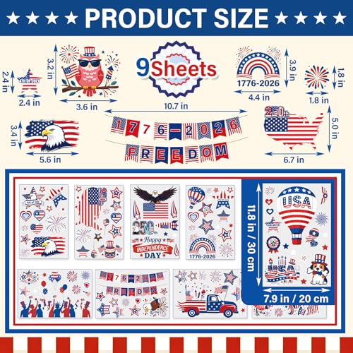 Image of 9 Sheets 4th of July Window Clings, Patriotic Red White and Blue Window Stickers with USA Flag, Eagle, Reusable Static Decals for 250th Anniversary Independence Day, Memorial Day