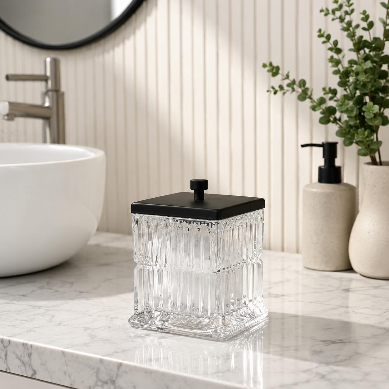 Vince Camuto Home Glass Cotton Jar Holder – Matte Black Lid, Elegant Bathroom Storage Canister for Qtips, Cotton Balls, Floss, Makeup Organizer, Vanity & Bathroom Organization