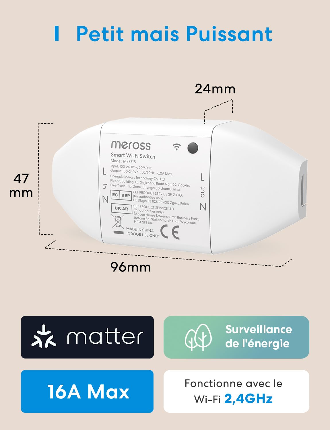 Meross Interrupteur Connecté Matter 16A WiFi Suivi Consommation Énergie Compatible Apple Home Alexa Google Home