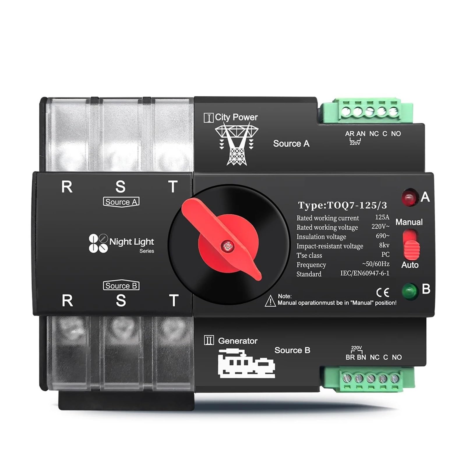 1 pz Din Rail trifase ATS 3P 63 A 100 A 125 A 220 V 230 V Interruttore selettore elettrico di trasferimento automatico a doppia alimentazione senza interruzioni(100A)