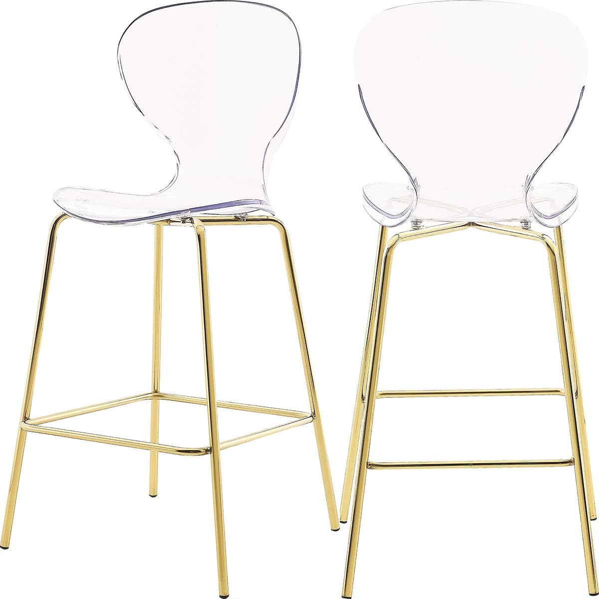 Meridian Furniture 767-C Clarion Collection Modern | Contemporary Lucite Polycarbonate Counter Height Stool with Sturdy Metal Legs, Gold Finish, 20" W x 19" D x 42" H, Set of 2