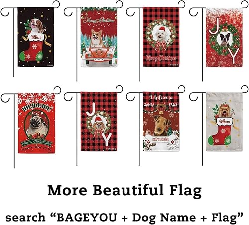 Miniatura 7 de BAGEYOU Bandera de jardín de perro alemán negro con sombrero de Papá Noel, decoración de Navidad, bandera de invierno, copo de nieve, rayas verdes y