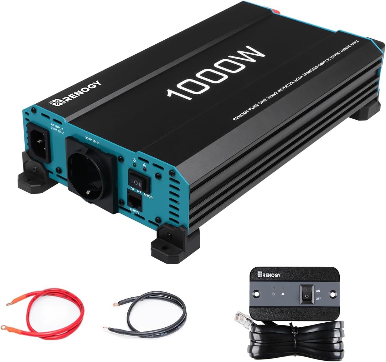 Renogy 1000W/2000W Pure Sine Wave Power Inverter with Priority Circuit Mains Voltage Converter 12V to 230V with EU Plug for Household Appliances