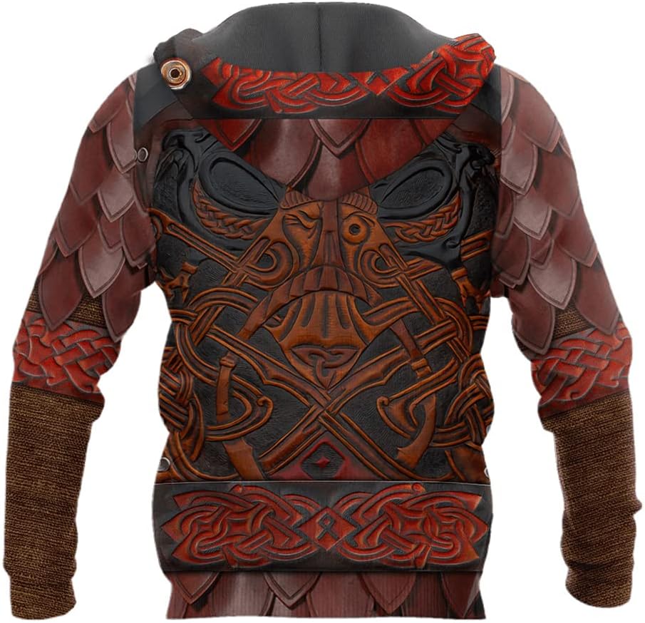 Viking Hoodie Armor 3D Full Print Retro Long Sleeve Casual Pullover Fall Big Pocket Loose Harajuku Sweater Coat