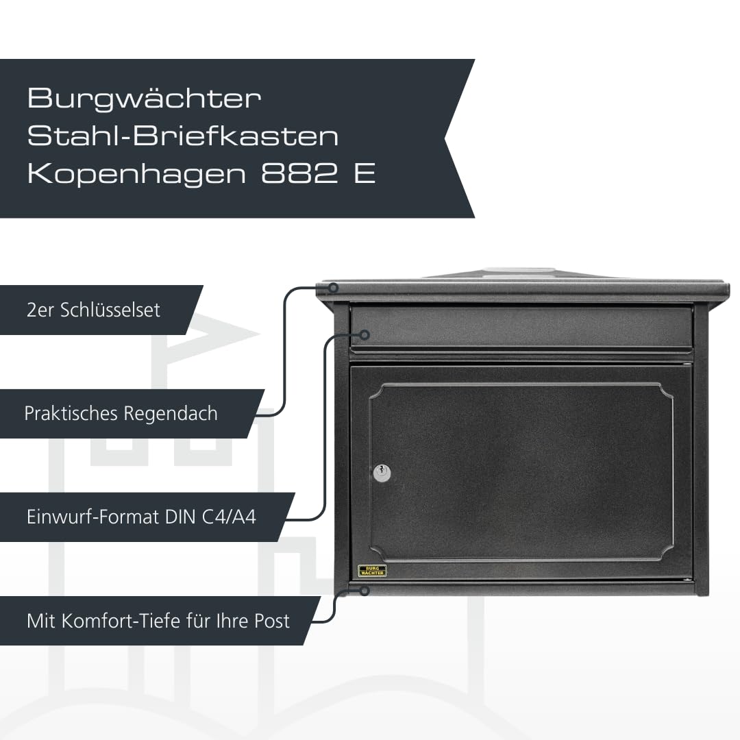 BURG-WÄCHTER Briefkasten ohne Zeitungsfach und Namensschild, Verzinkter Stahl, Einwurf-Format DIN C4, 2 Schlüssel, Kopenhagen 882 E, Alteisen