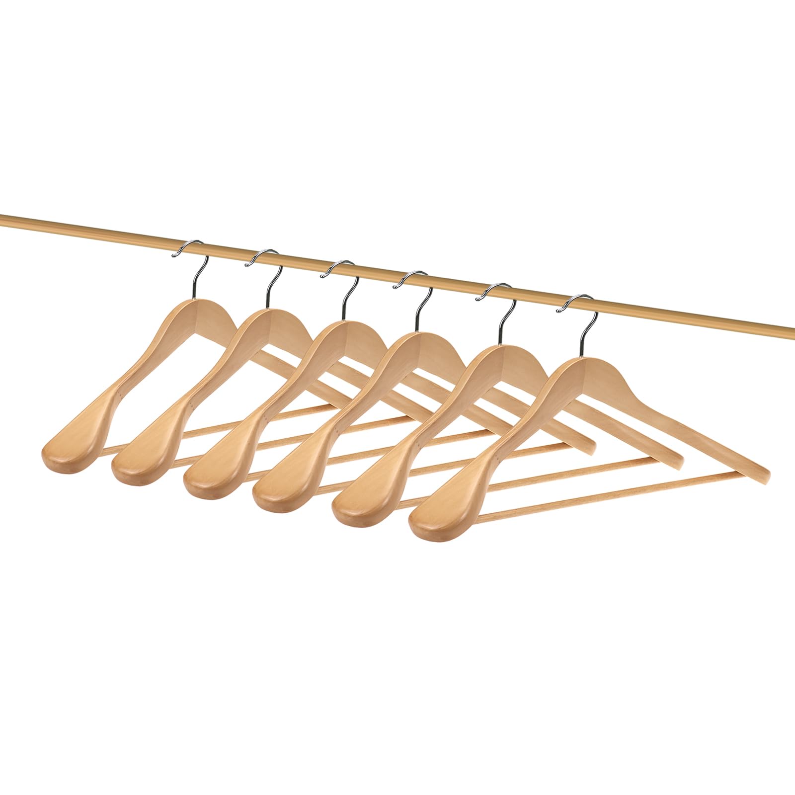 Juego de 6 perchas de madera de haya maciza con hombros anchos, perchas de madera con barra para pantalones para trajes, abrigos, chaquetas, camisas y pantalones