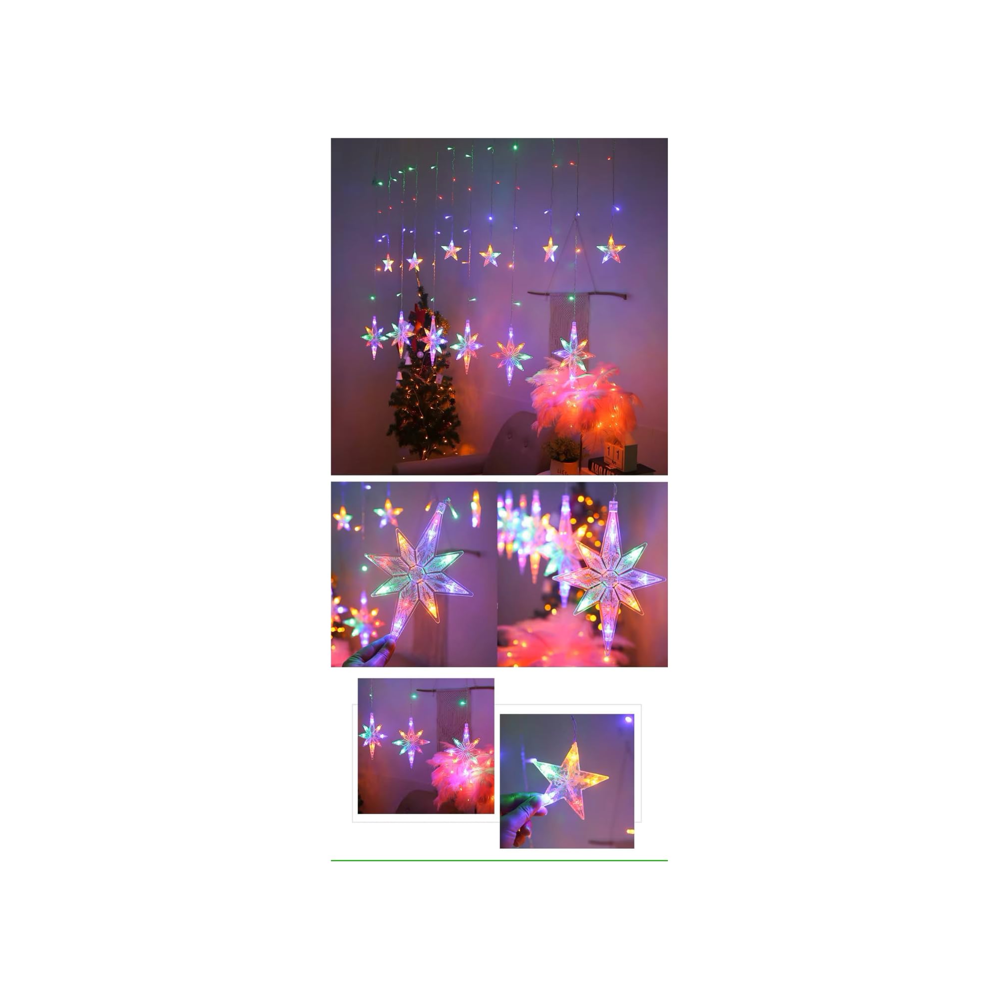 KHIZAR 6+6 Polar Star Curtain LED Lights Warm White with 8 Modes – Star Fairy Curtain Lights for Ramadan, Eid, Muslim Festival, Women’s Day, Bedroom, Restaurant, Hotel, Window & Festival Decoration 2