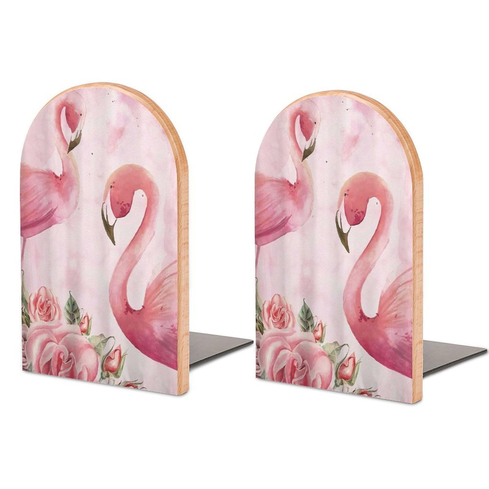 Pink Flamingo Floral Backgrounds Romantic Beech Wood Bookends Heavy Duty Book Organizers Desktop File Holder for Office Home Bookshelf