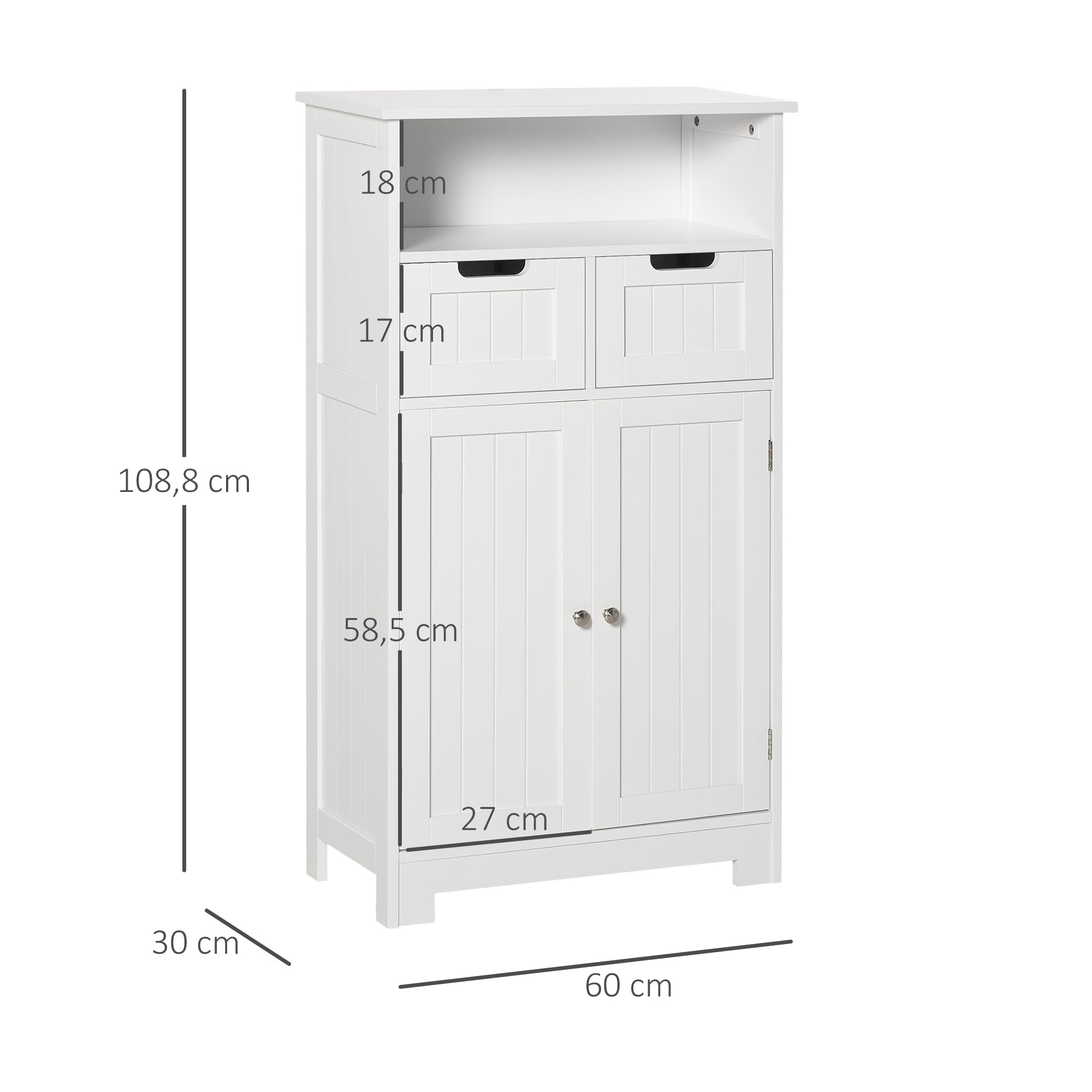 kleankin Meuble de Salle de Bain, 2 Tiroirs, Niche, 60 x 30 x 109 cm, Blanc