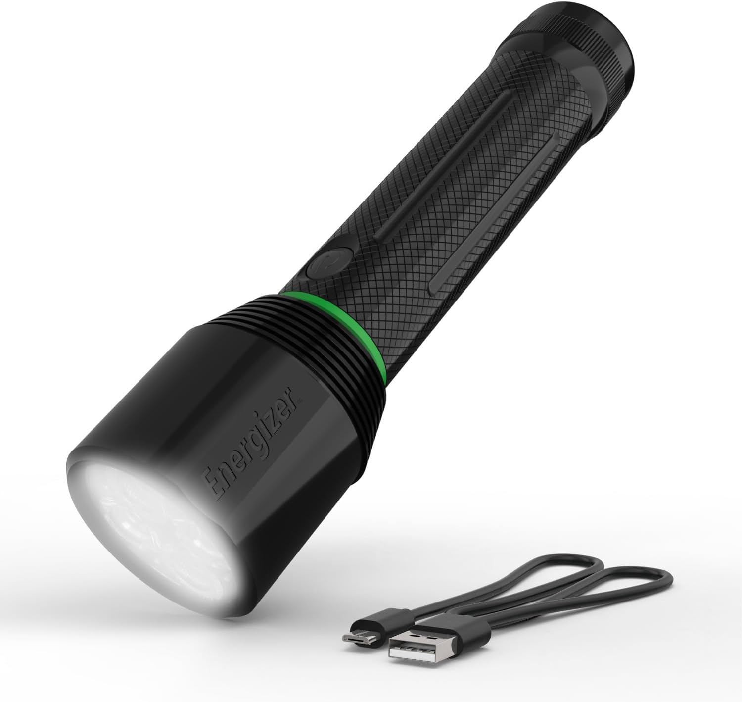 Energizer 3500XT-R flashlight with USB-C cable connected for charging