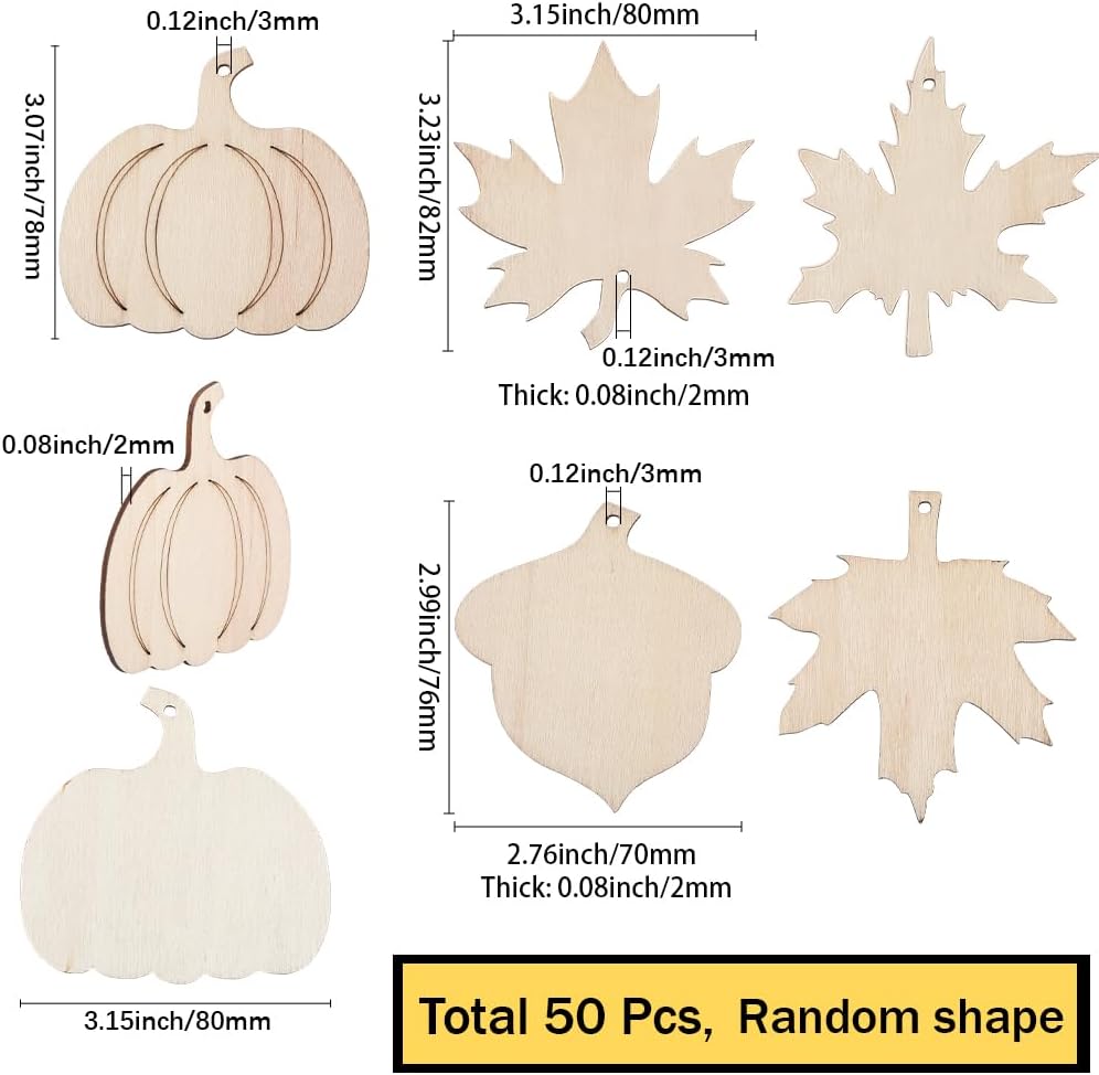 5 Styles 50Pcs Unfinished Wooden Fall Leaves Wood Leaf Cutouts with Hole Bulk Blank Smooth Printable Acorn Maple Pumpkin Autumn Wood Cutouts for Thanksgiving Fall Party DIY Crafts Decoration