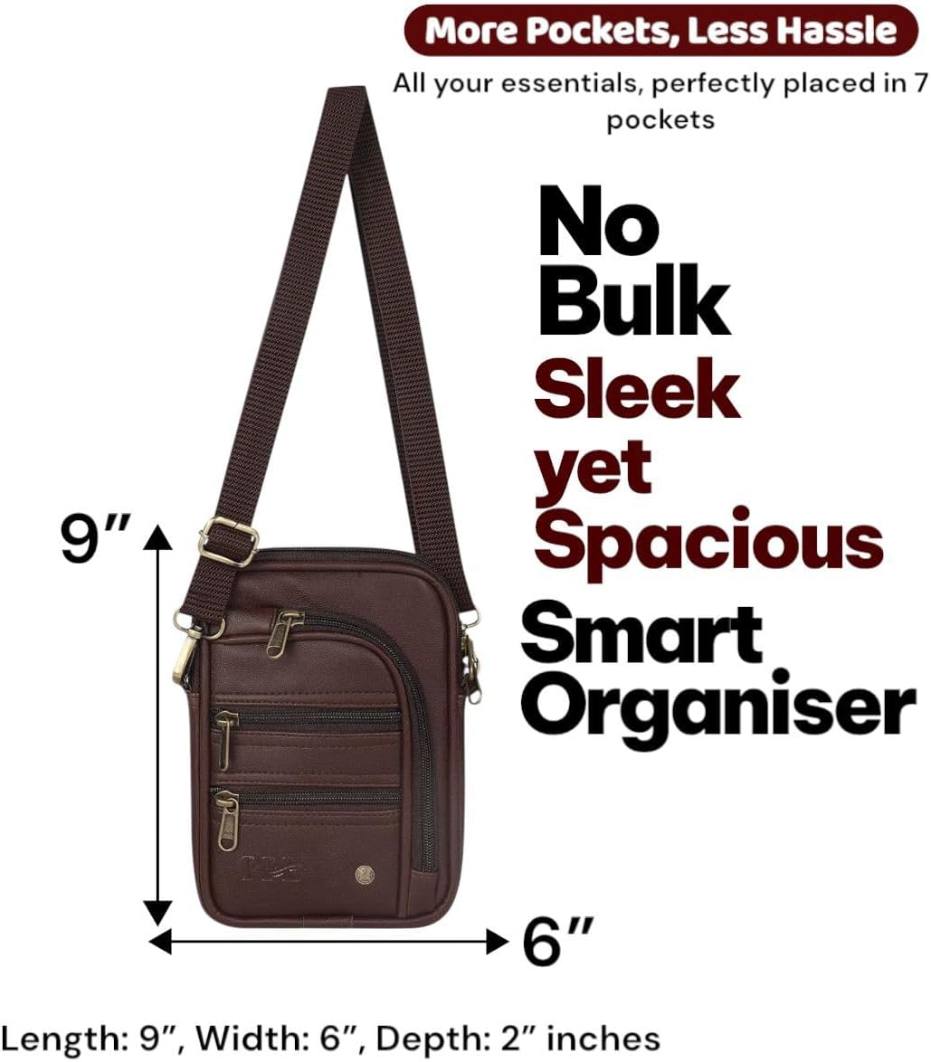 Pramadda Pure Luxury Classic Vegan Leather 7 Pocket Sling Bag For Men and Women | Compact Smart Organiser Messenger Side Mobile Bag For Easy Travel | Special Corporate Gift For Men, Mocha Brown, M