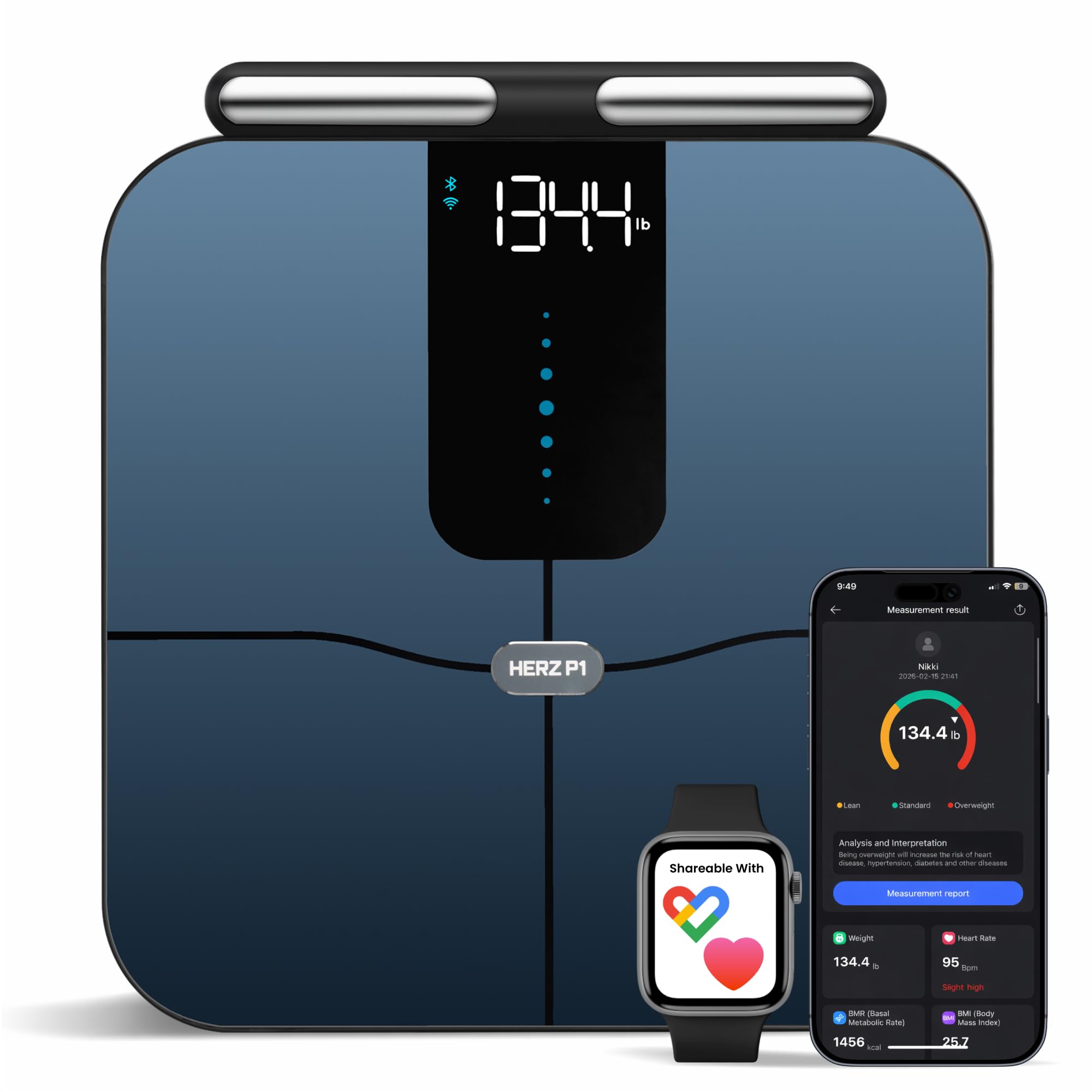 Herz P1 Smart Scale - Báscula de composición corporal de 8 electrodos con mango | IMC, grasa corporal, masa muscular, peso corporal BIA de doble frecuencia para seguimiento de precisión, seguimiento