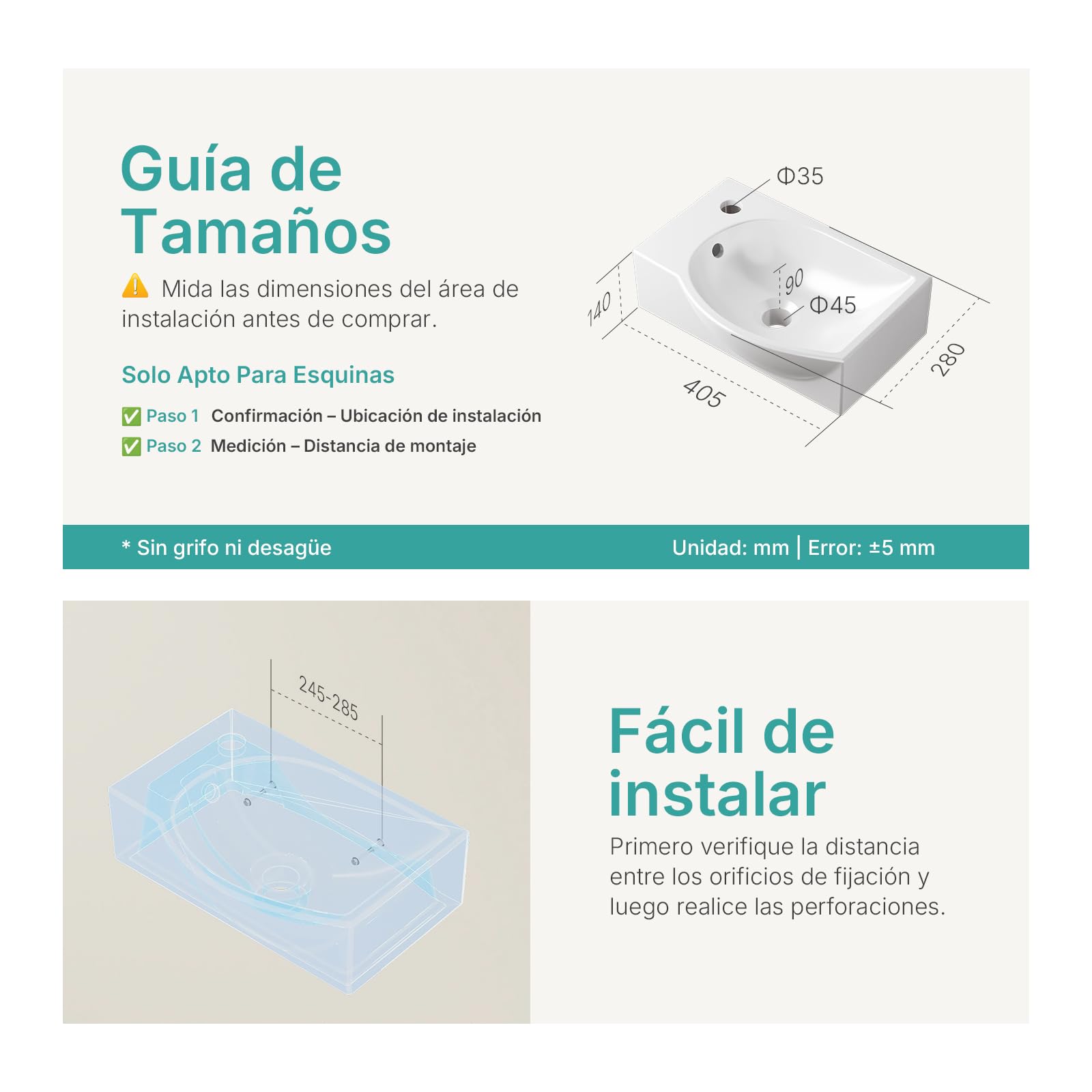 EMKE Lavabo Suspendido Blanco Brillante 40,5x28 cm, Grifo a la Izquierda | Lavamanos Rectangular de Pared de Fondo Reducido, Pica de Cerámica para Baño Pequeño (Solo Lavabo)