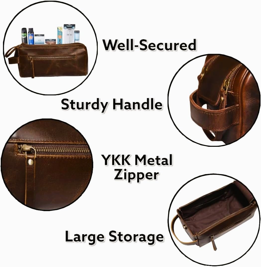 Neceser unisex de piel de búfalo de alta calidad, kit de viaje, kit de afeitado, accesorios de 3 artículos de cuero: estuche para cepillo de afeitar, estuche protector de viaje,