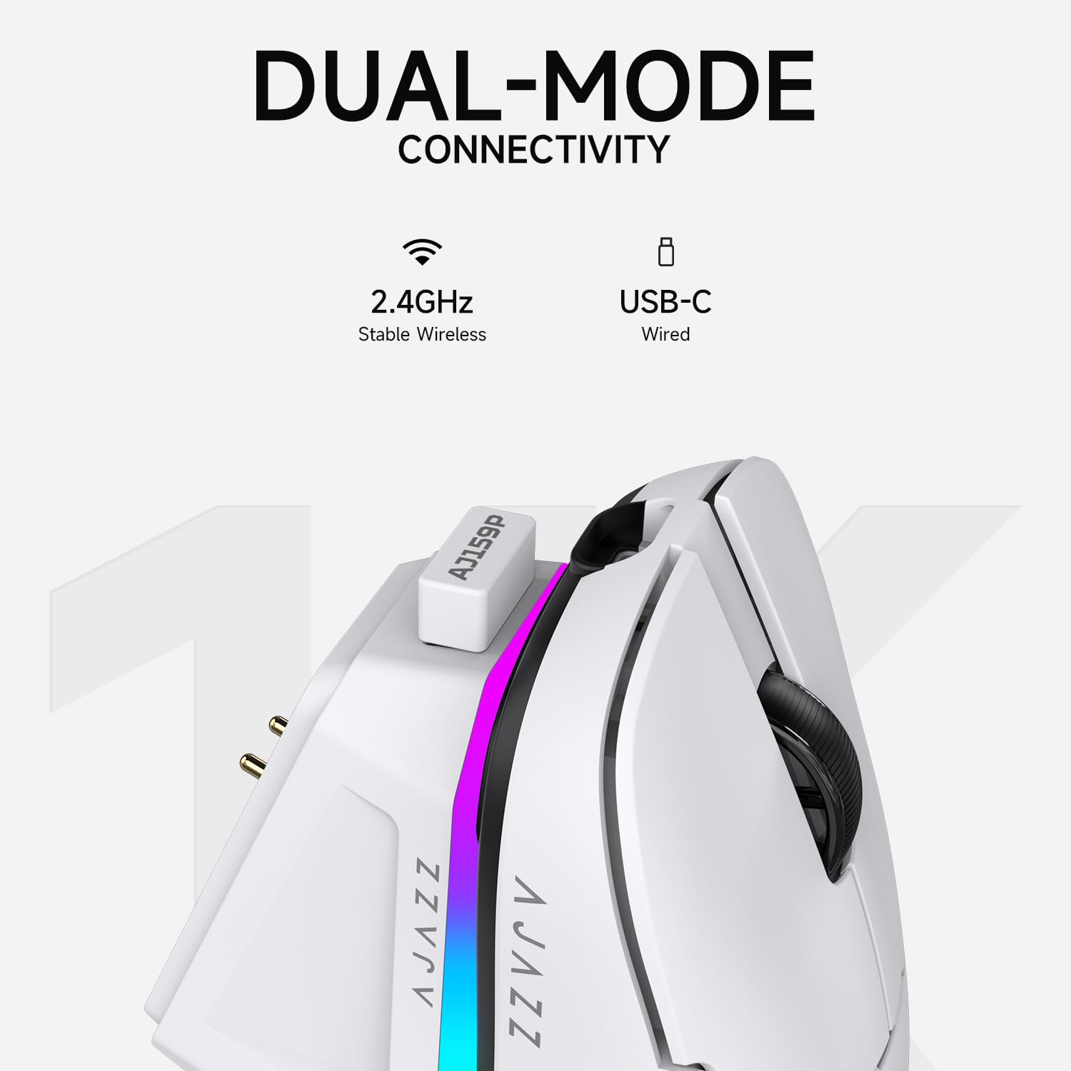 AJAZZ AJ159P Mouse Da Gioco Wireless, Sensore PAW3395, 26K DPI, Design Ultraleggero Da 56 G, Supporto 2.4G/USB-C, Retroilluminazione RGB, Compatibile Con PC E Mac, Bianco