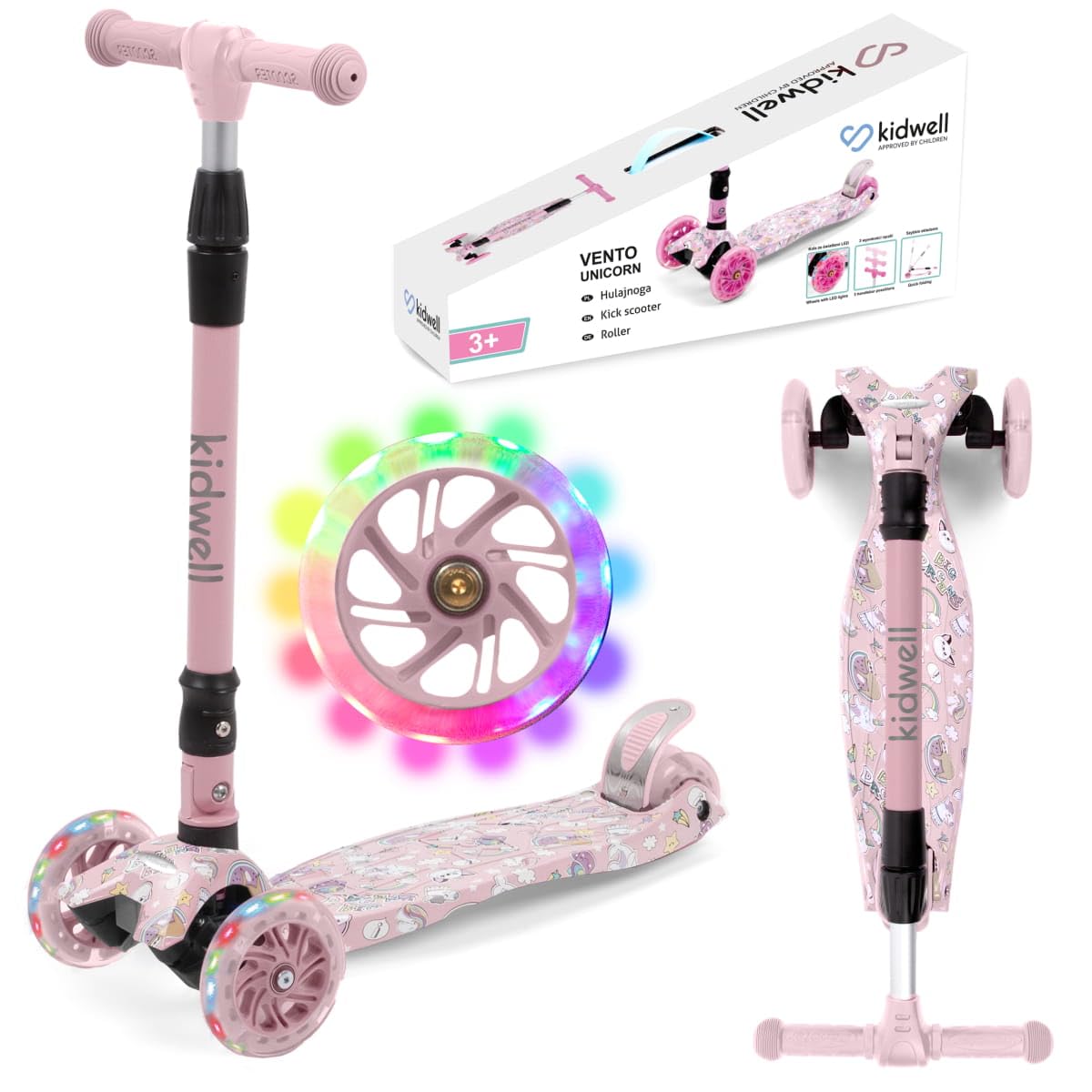 COIL Patinete infantil, patinete de tres ruedas, patinete de equilibrio de triciclos, ruedas de ciudad, rodamientos ABEC-7, 3 niveles de ajuste del volante, ruedas LED
