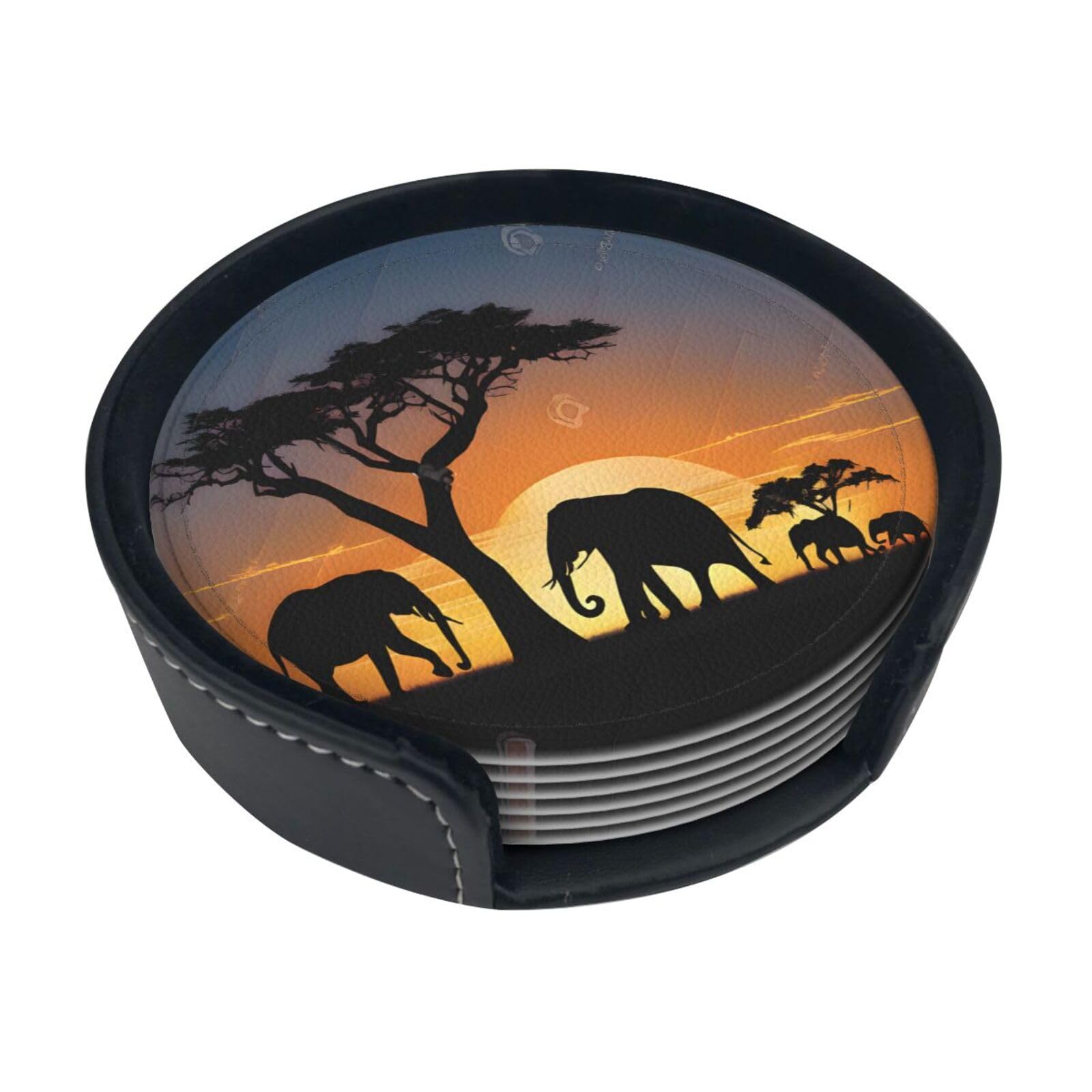 Ykclkshka White African Elephant Round Leather Coasters (6 Pieces) - Drink Coaster Set For Desk, Modern Easy To Clean Home Office & Farmhouse Coasters