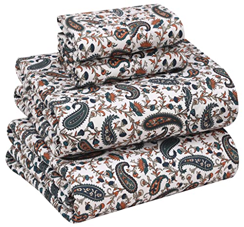 RUVANTI 100% Cotton Full Size Bed Sheets, 4 Pieces, Soft & Breathable Percale Weave Bedding, Deep Pocket 16", Hotel Standard, Crisp Cool Feel, Durable, Perfect Sheet Set Floral, Teal Paisley