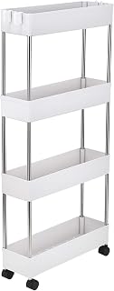 Rolling Utility Cart,Mobile Multi-Functional Storage Rack Cart with Wheels for Kitchen, Bathroom, Laundry Room Narrow Place, Plastic and Stainless Steel,White (4-Tier Slim)