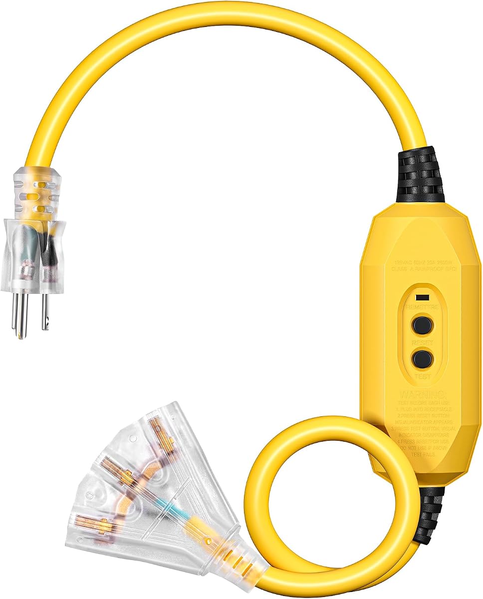 DEWENWILS Cable de extensión GFCI de reinicio automático de 3 pies para exteriores, certificación UL | Cable de extensión para exteriores calibre 12/3, 15 A 125 V, enchufe de 3 clavijas con iluminación LED, resistente para bombas de riego, cortadoras de césped, amarillo