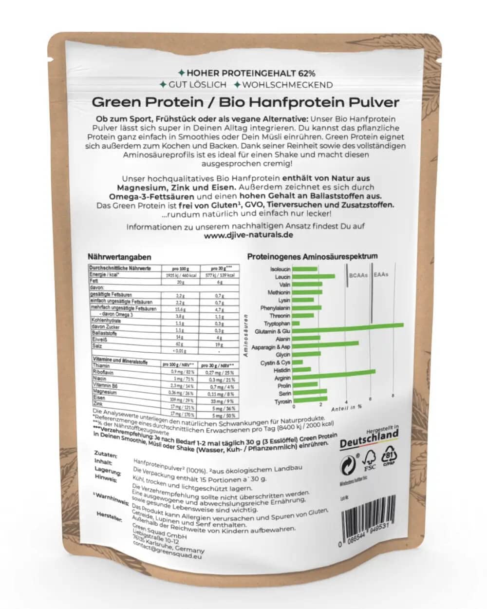 djive naturals - Veganes Bio Protein I naturbelassen, lecker, cremig, vielseitig I neutral bis nussig - Hanfprotein 62% (1 x 450 g)