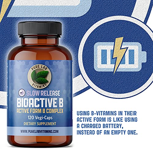 Pure Lab Vitamins Bioactive B Complex Supplement - 120 Vegan Caps - Slow Release Active Formula, B Vitamins (B1, B2, B3, B5, B6, B7, B9, B12) - Folic Acid, 60 Days Capsules Supply Gluten & Sugar Free #TOP2
