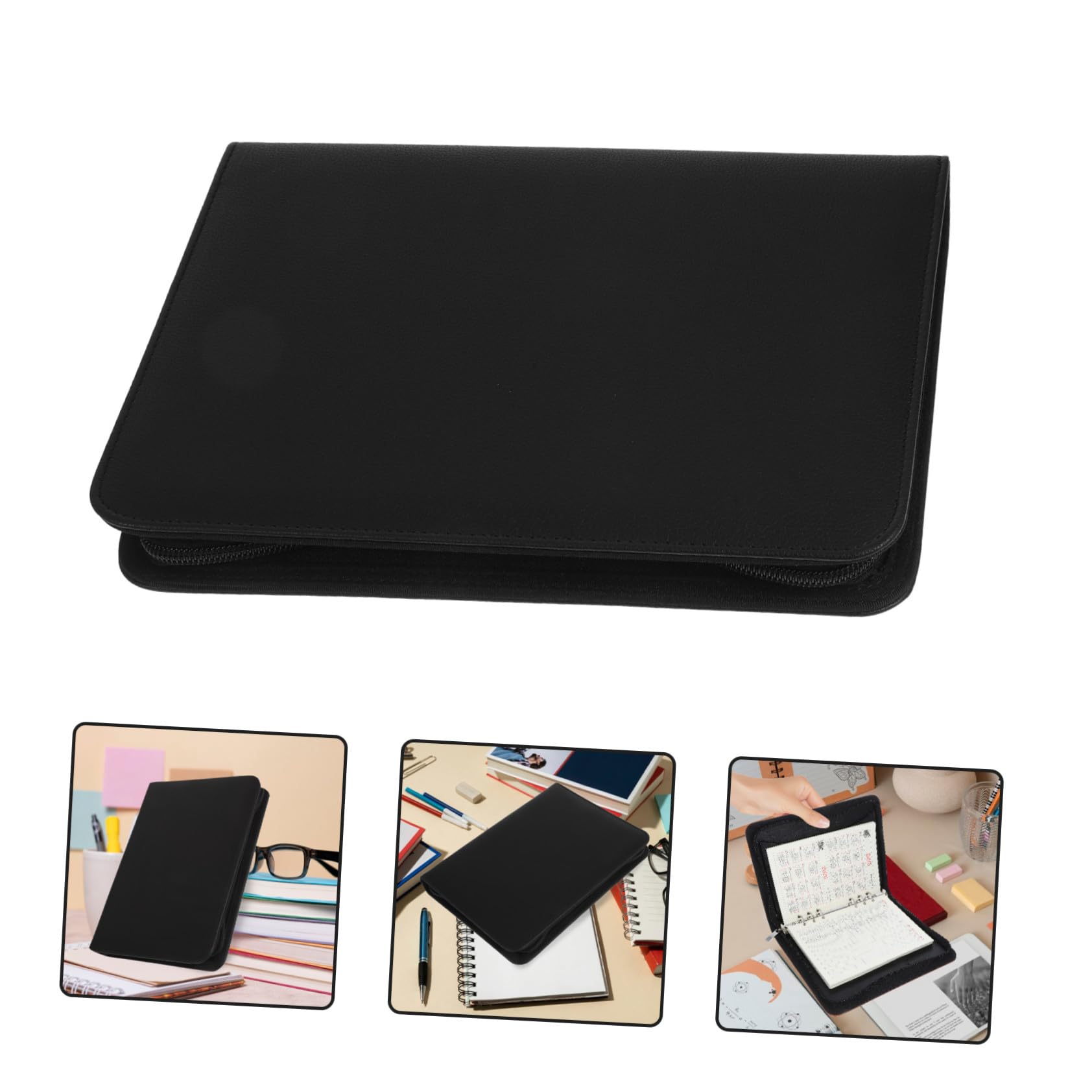 Carpeta Portadocumentos de Pu Negro Gran Capacidad y Cierre de Cremallera, Organizador Profesional para Documentos y Papelería en Oficina
