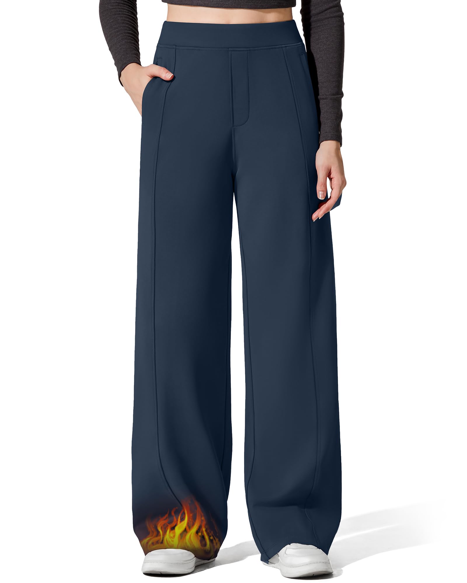 G4Free EverGoing Womens Fleece Lined Pants with Pockets High Waisted Wide Leg Casual Warm Trousers