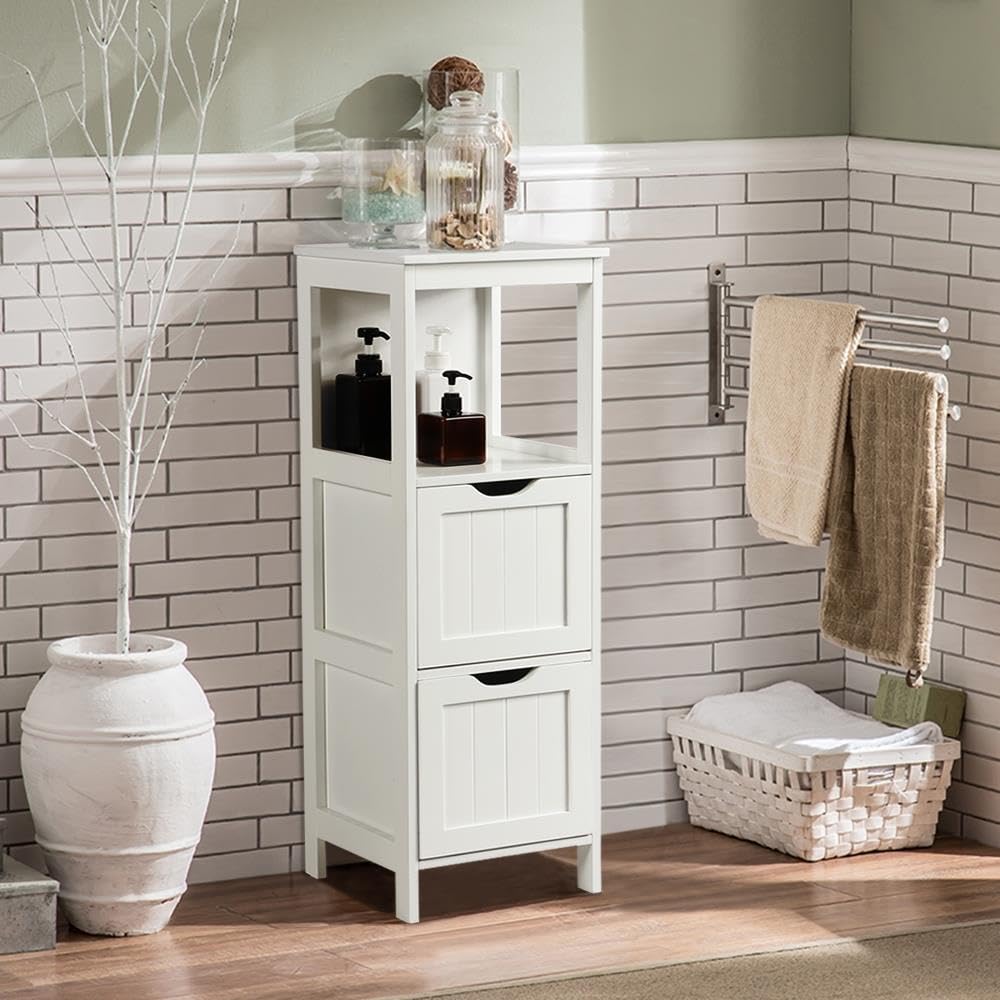 Yaheetech Mueble Baño Auxiliar 30x30x89cm Armario Baño Columna con 2 Cajones Armario Cocina de Auxiliar Cajonera Estrecho para Sala de Estar Blanco