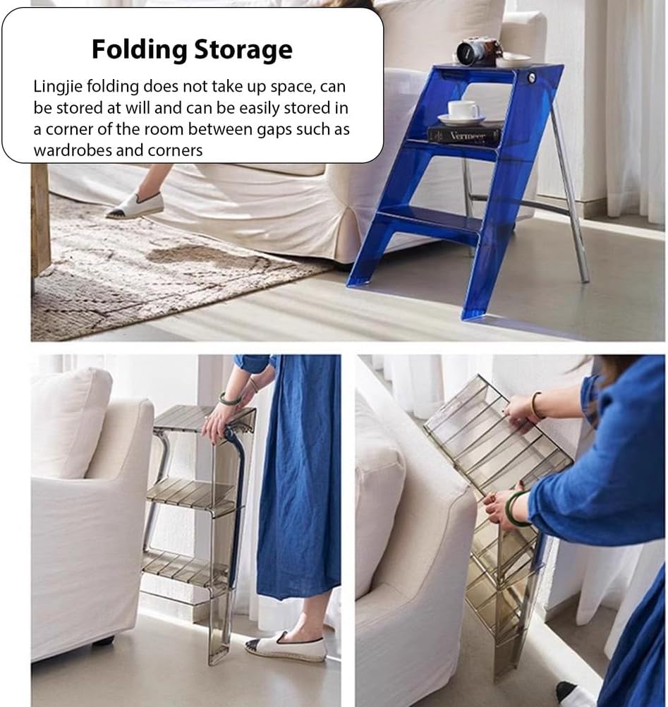 Acrylic 3 Step Ladders, Folding Steps Stool, Decorative Modern Foot Stools, Storage Display Shelf, for Closet Living Room Garden Balcony,Brown,52x44x63cm